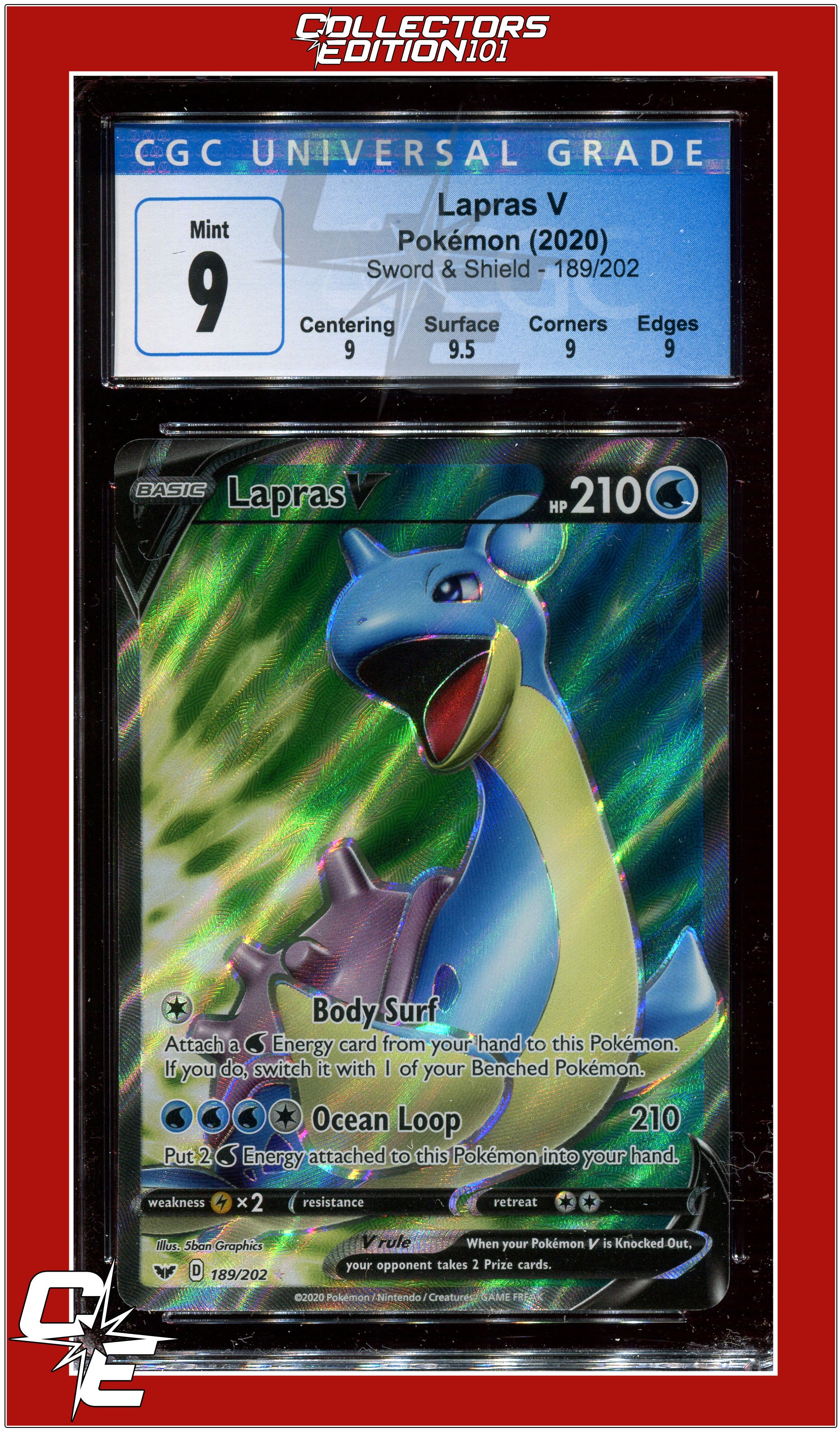 Sword & Shield 189 Full Art Lapras V CGC 9 - Subgrades