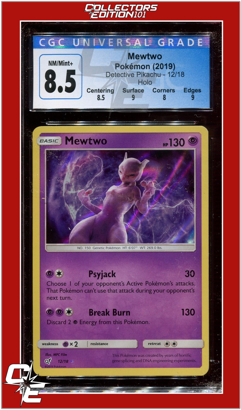 Detective Pikachu Mewtwo Holo 12/18 CGC 8.5 - Subgrades