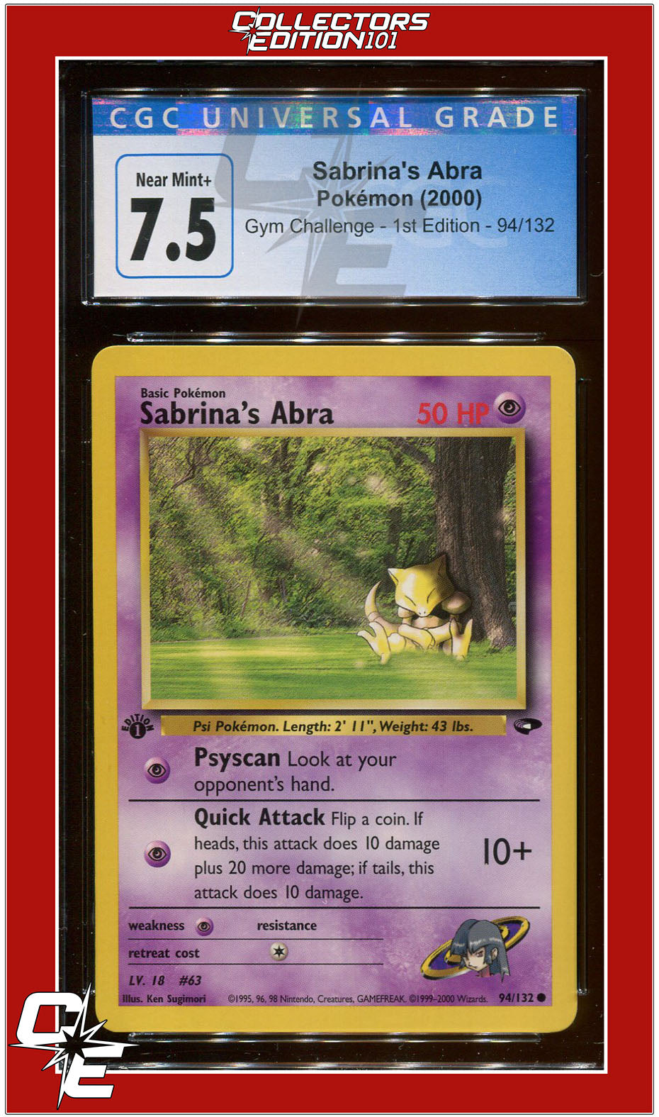 Gym Challenge 94 Sabrina's Abra 1st Edition CGC 7.5