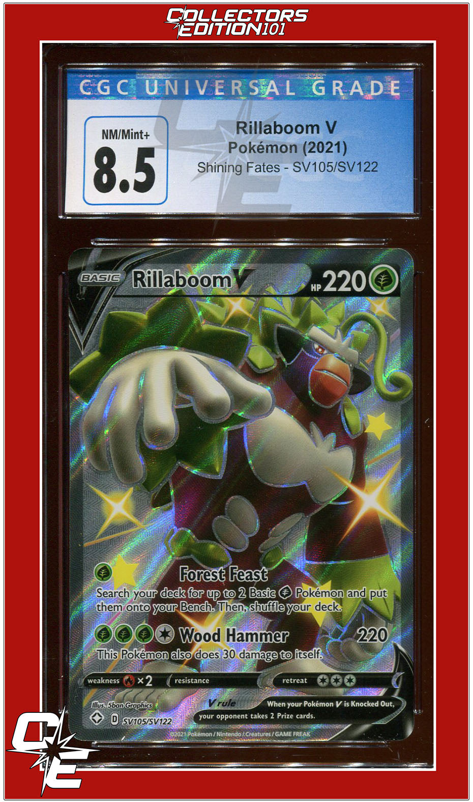 Shining Fates SV105 Full Art Rillaboom V CGC 8.5 | Collectors Edition 101 Shining Fates SV105 Full Art Rillaboom V CGC 8.5 | Collectors Edition 101