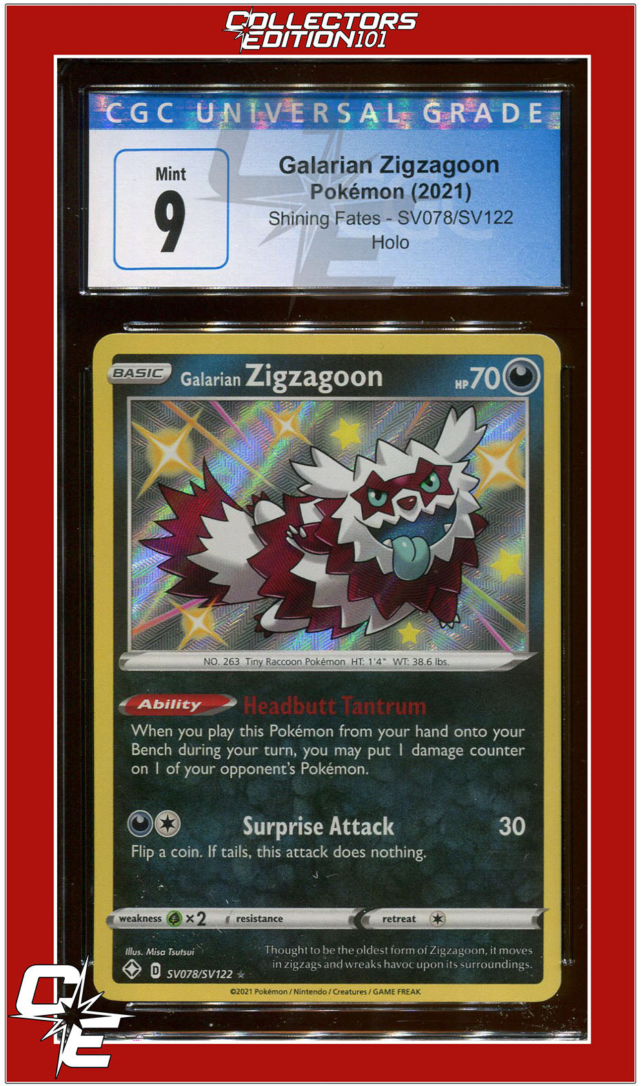 Shining Fates SV078 Galarian Zigzagoon Holo CGC 9