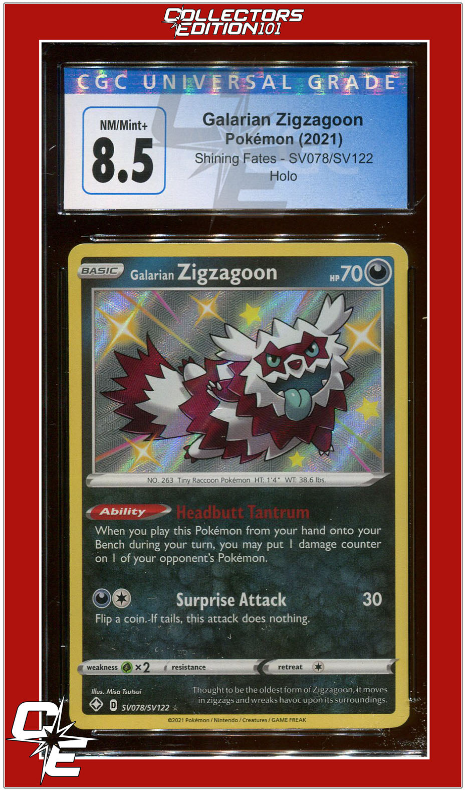 Shining Fates SV078 Galarian Zigzagoon Holo CGC 8.5