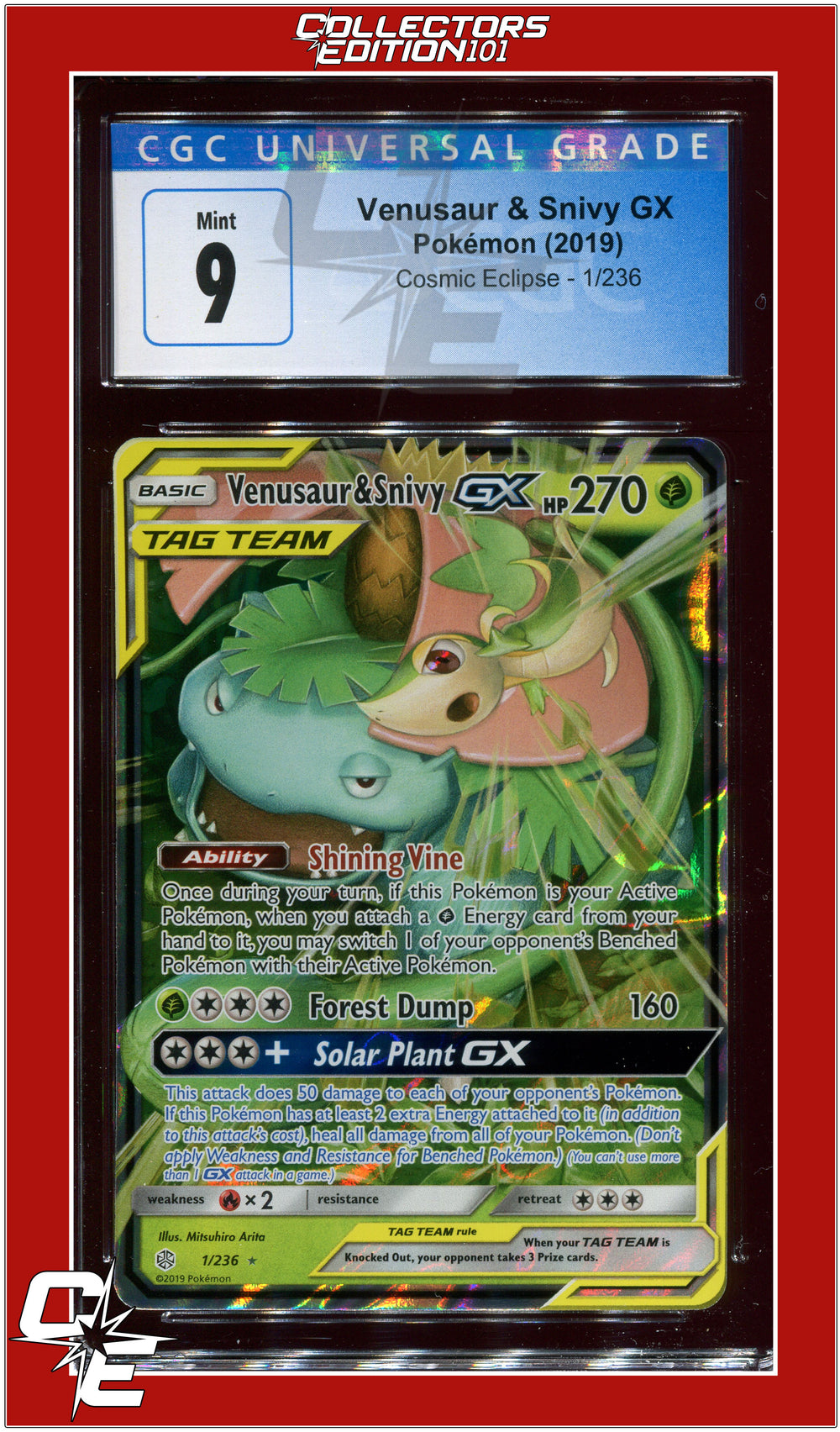 Cosmic Eclipse Venusaur & Snivy GX 1/236 CGC 9