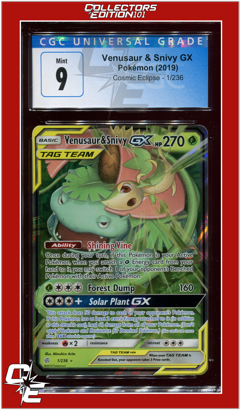 Cosmic Eclipse Venusaur & Snivy GX 1/236 CGC 9