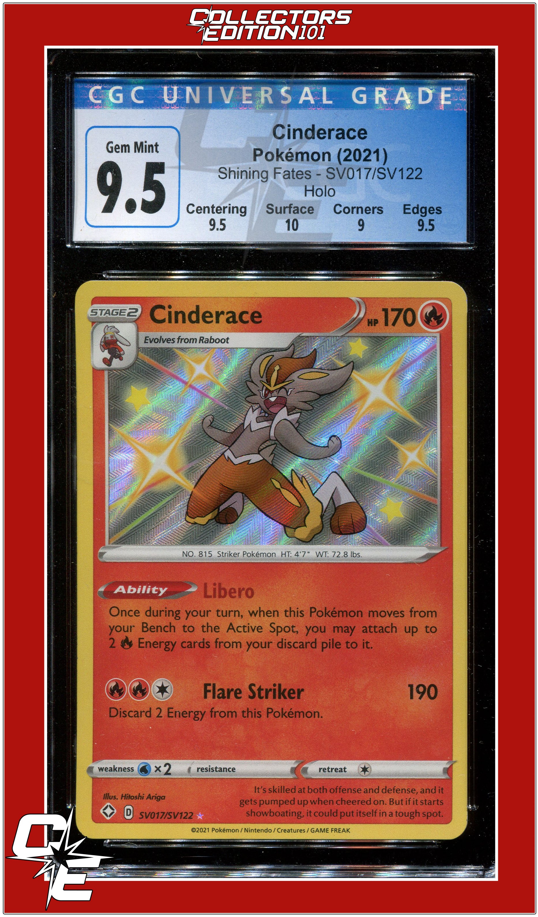 cinderace pokemon card holographic Shining Fates SV017 Cinderace Holo CGC 9.5 - Subgrades
