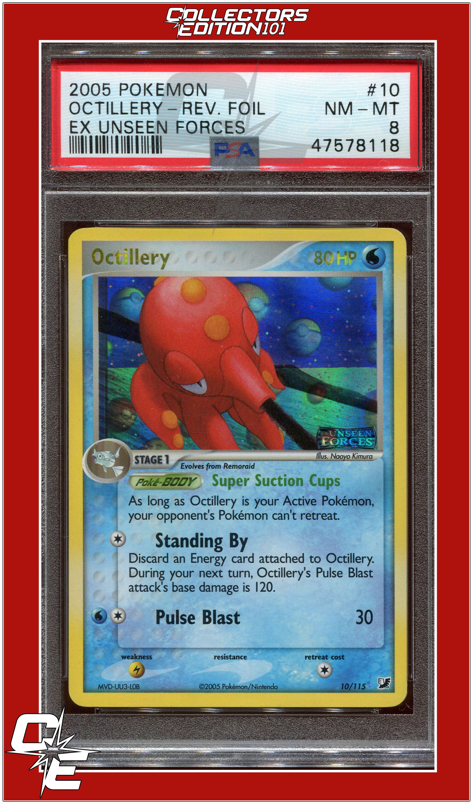 EX Unseen Forces 10 Octillery Reverse Foil PSA 8