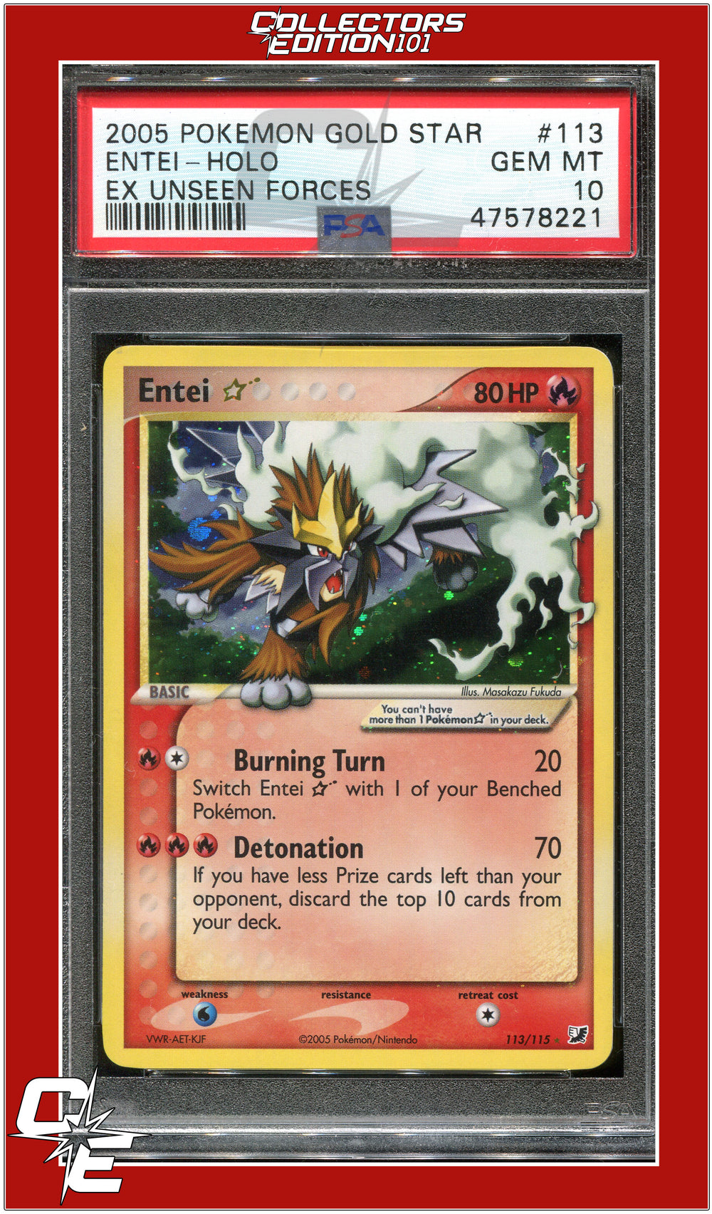EX Unseen Forces 113 Entei Holo Gold Star PSA 10 *SWIRL*