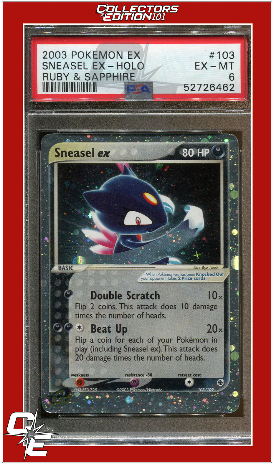 EX Ruby & Sapphire 103 Sneasel EX Holo PSA 6
