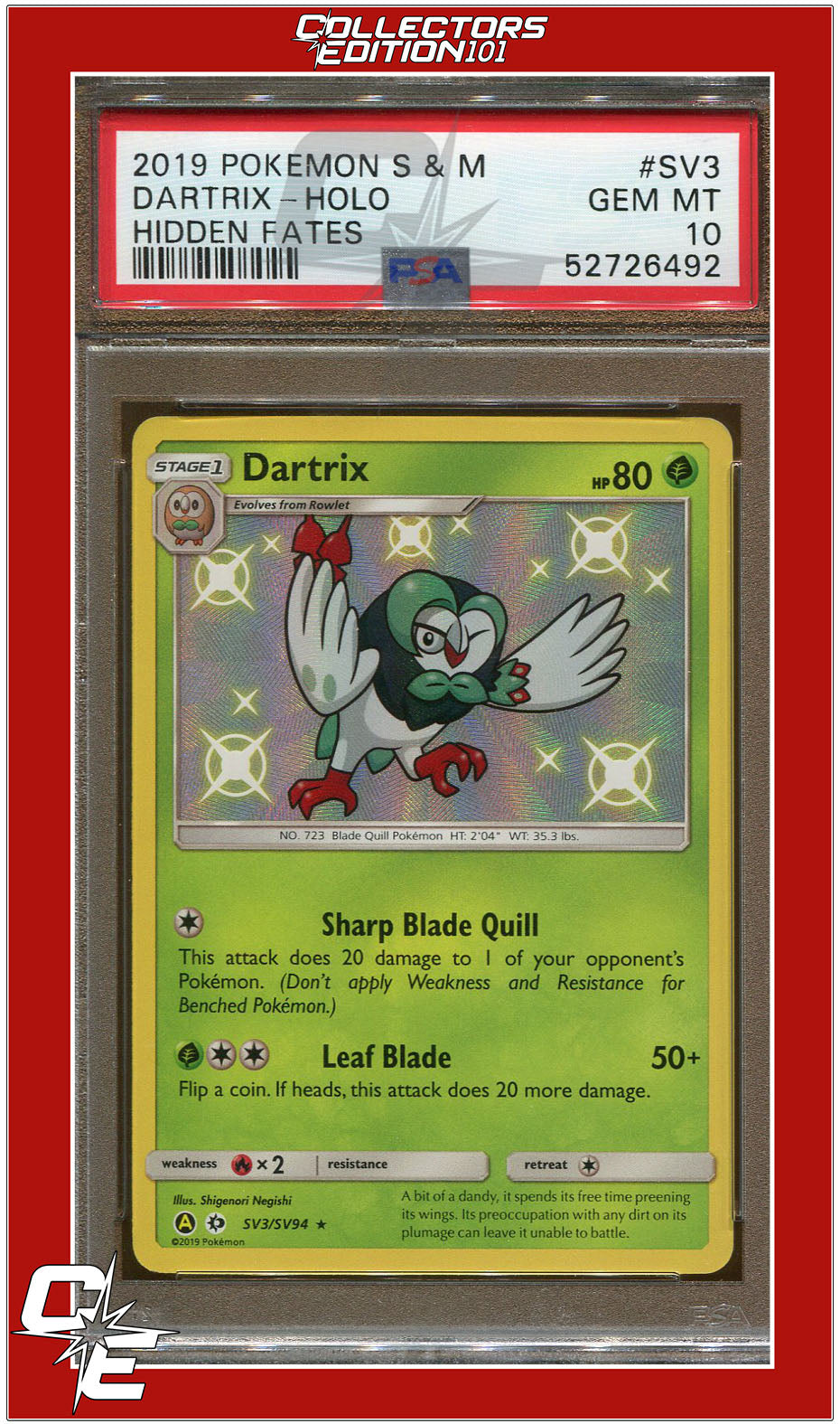 Hidden Fates SV3 Dartrix Holo PSA 10