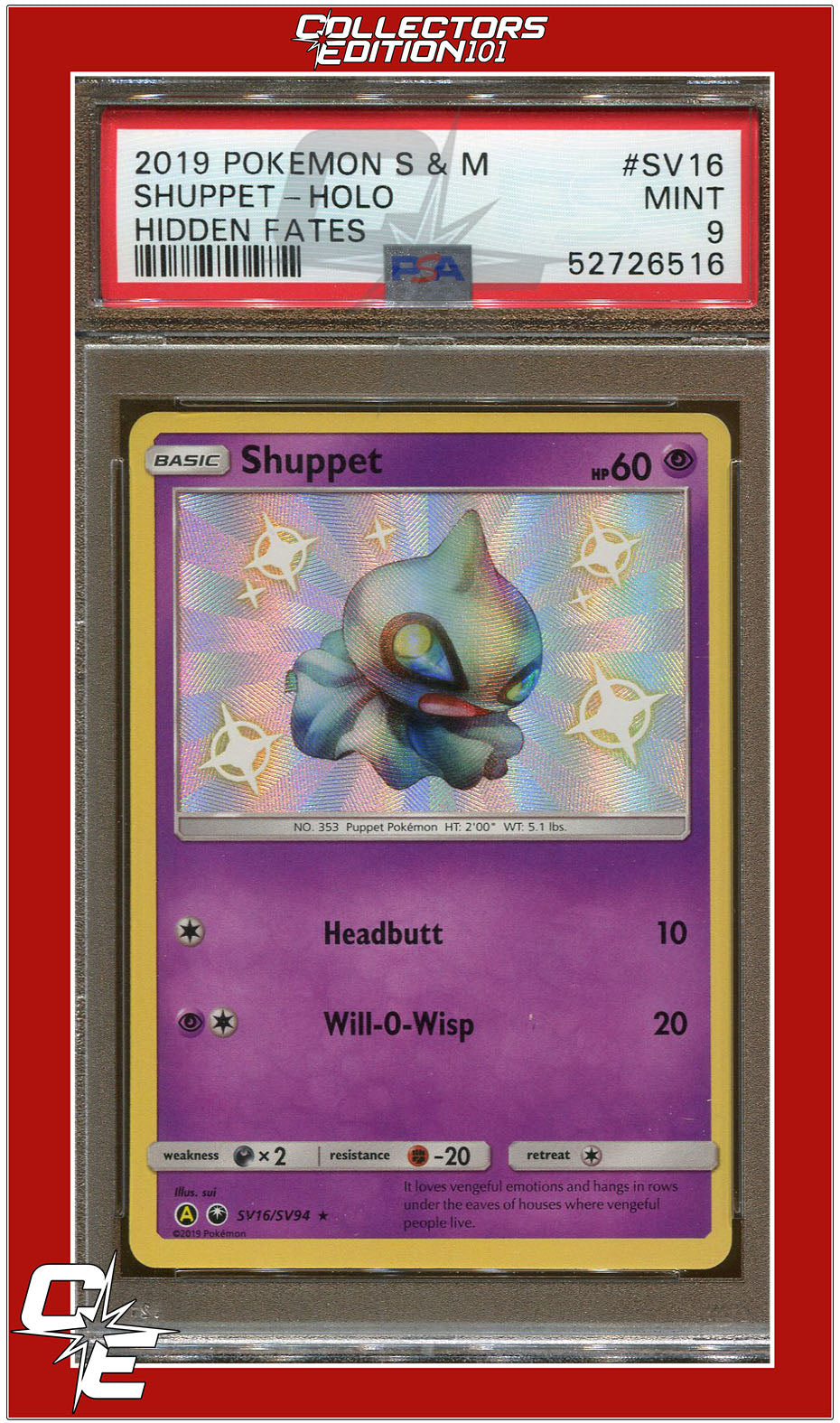 Hidden Fates SV16 Shuppet Holo PSA 9