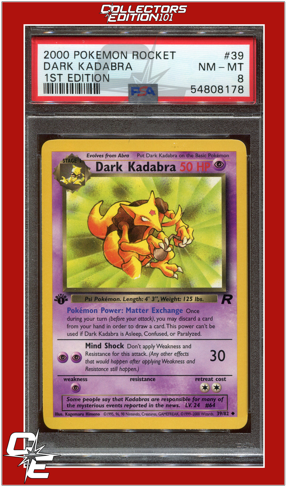 Team Rocket 39 Dark Kadabra 1st Edition PSA 8