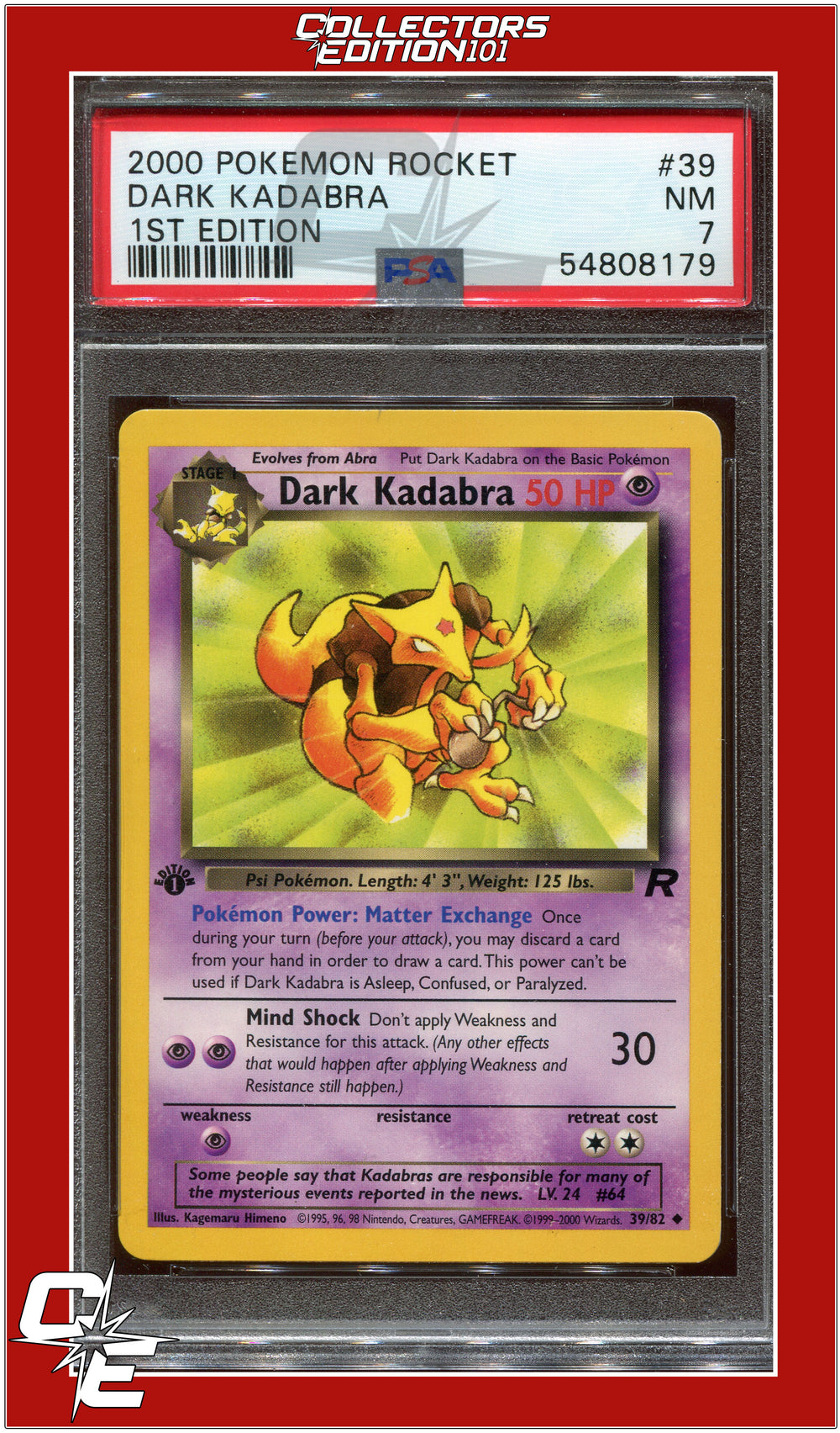 Team Rocket 39 Dark Kadabra 1st Edition PSA 7