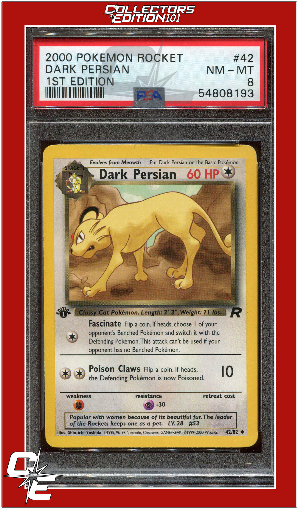 Team Rocket 42 Dark Persian 1st Edition PSA 8