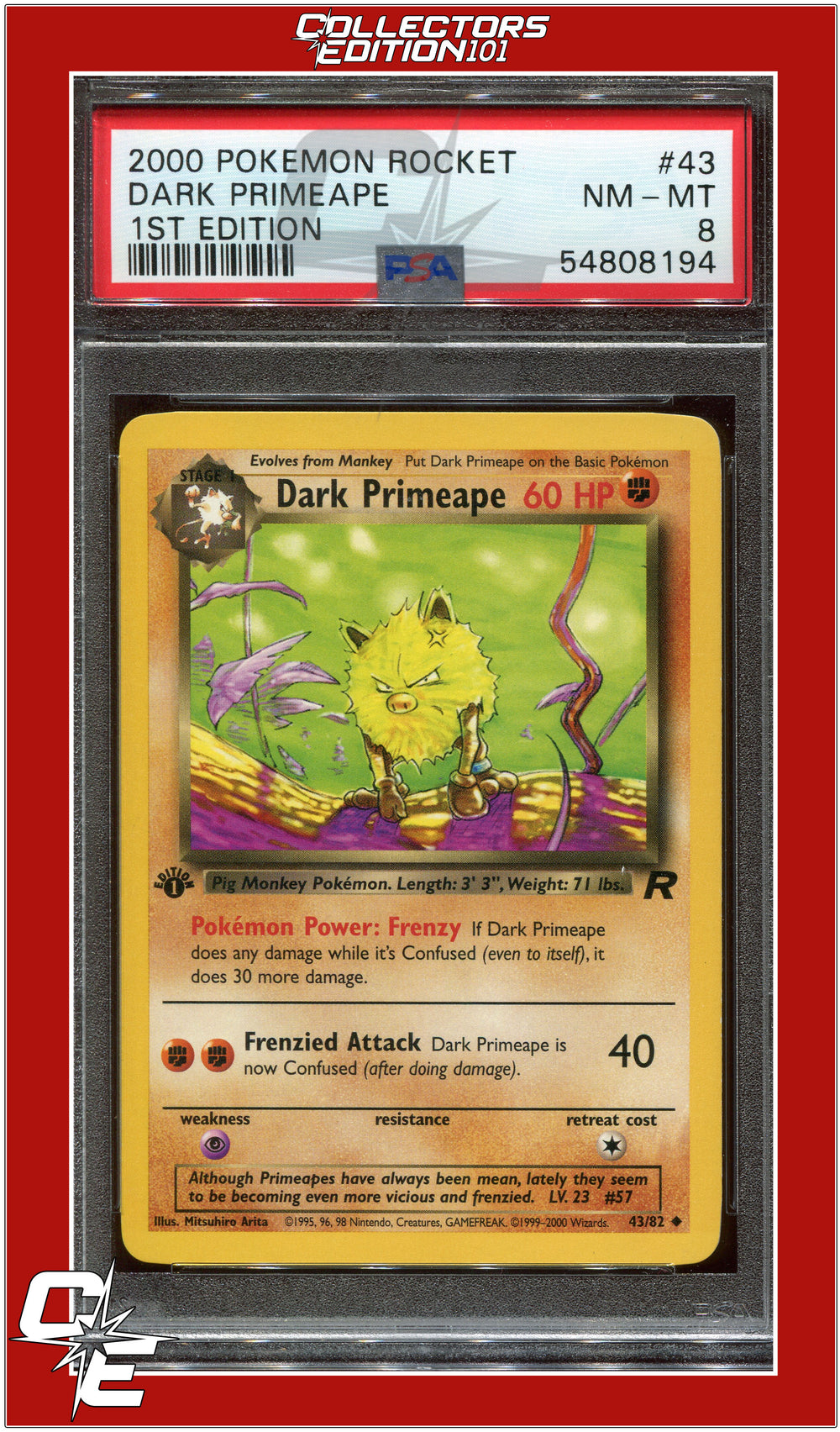 Team Rocket 43 Dark Primeape 1st Edition PSA 8