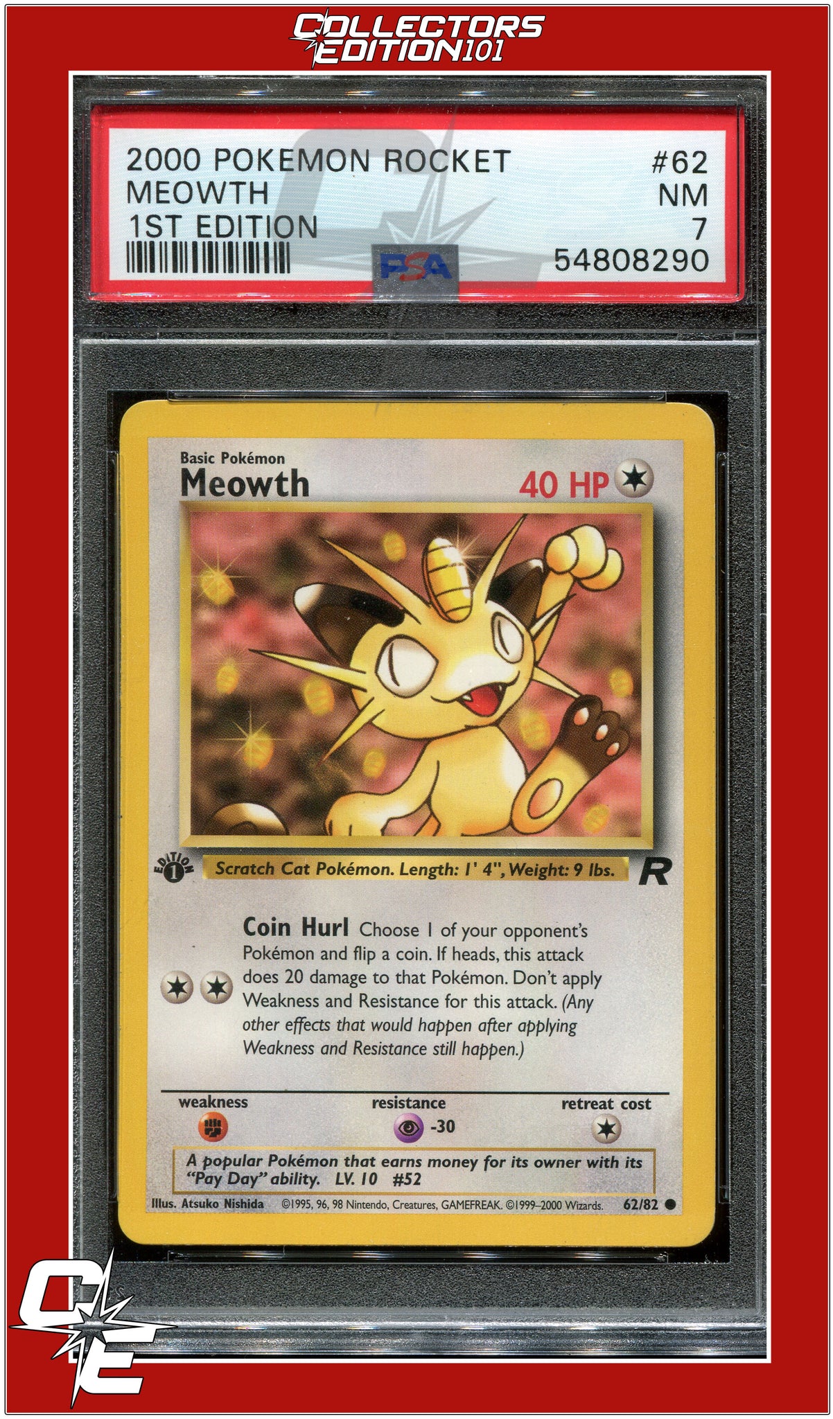 Team Rocket 62 Meowth 1st Edition PSA 7 | Collectors Edition 101