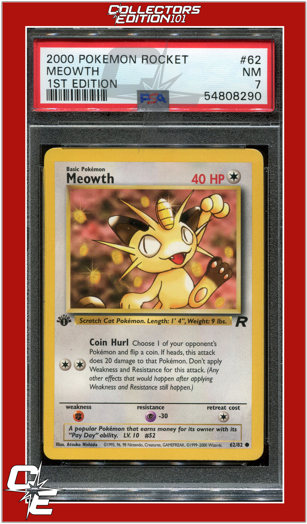 Team Rocket 62 Meowth 1st Edition PSA 7