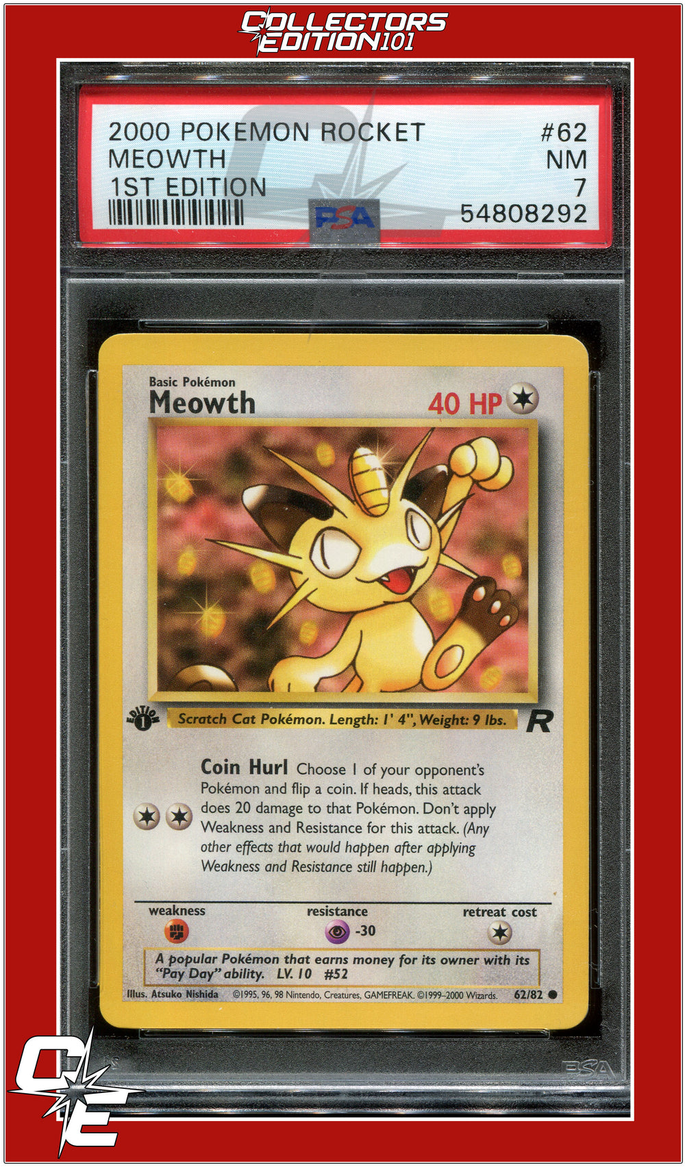 Team Rocket 62 Meowth 1st Edition PSA 7