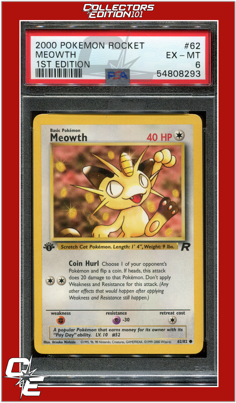 Team Rocket 62 Meowth 1st Edition PSA 6