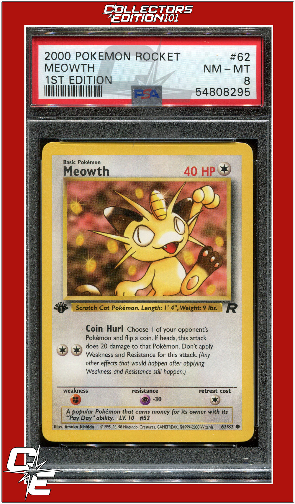 Team Rocket 62 Meowth 1st Edition PSA 8