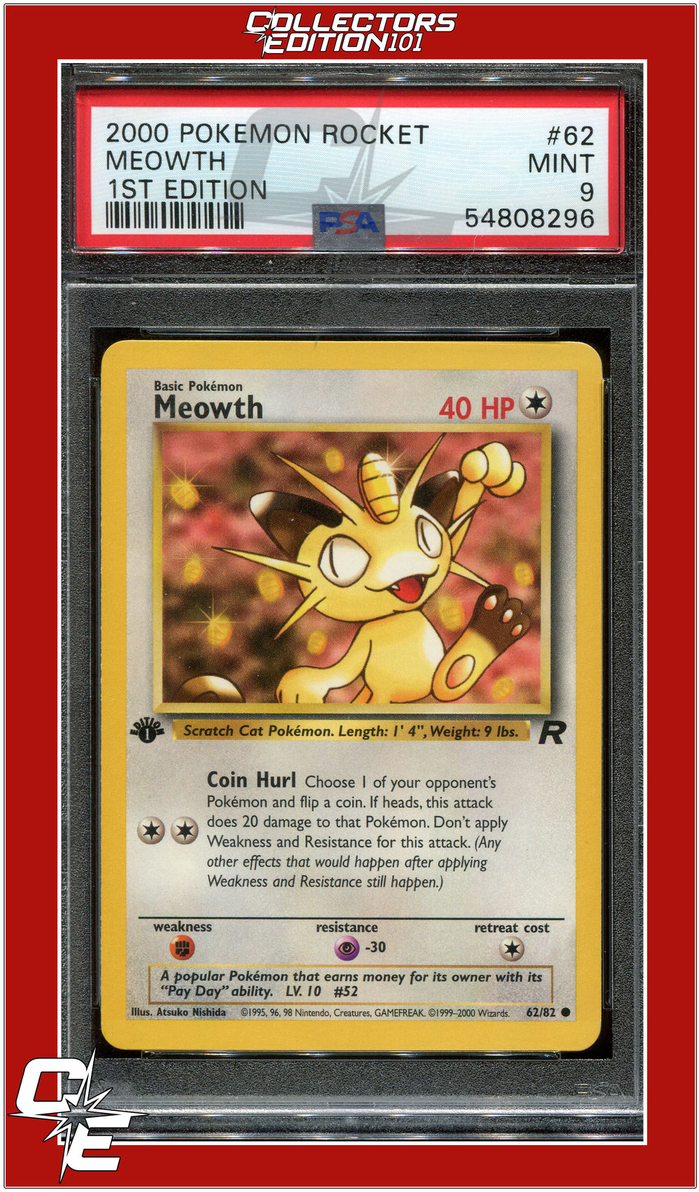 Team Rocket 62 Meowth 1st Edition PSA 9