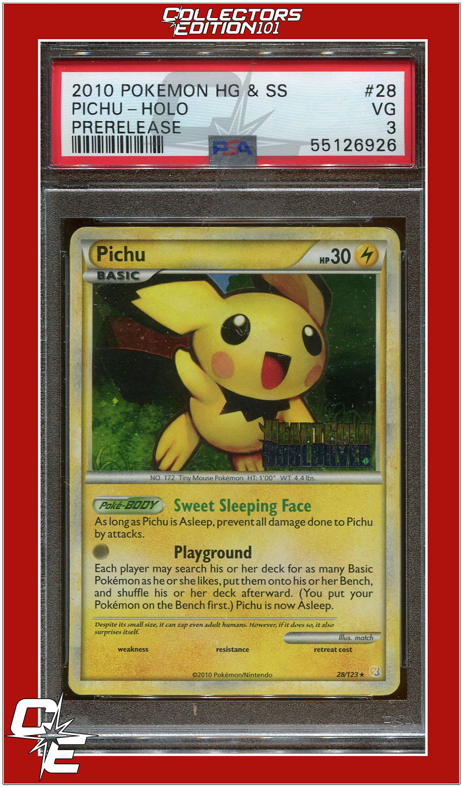 Heartgold & Soulsilver 28 Pichu Holo Prerelease PSA 3